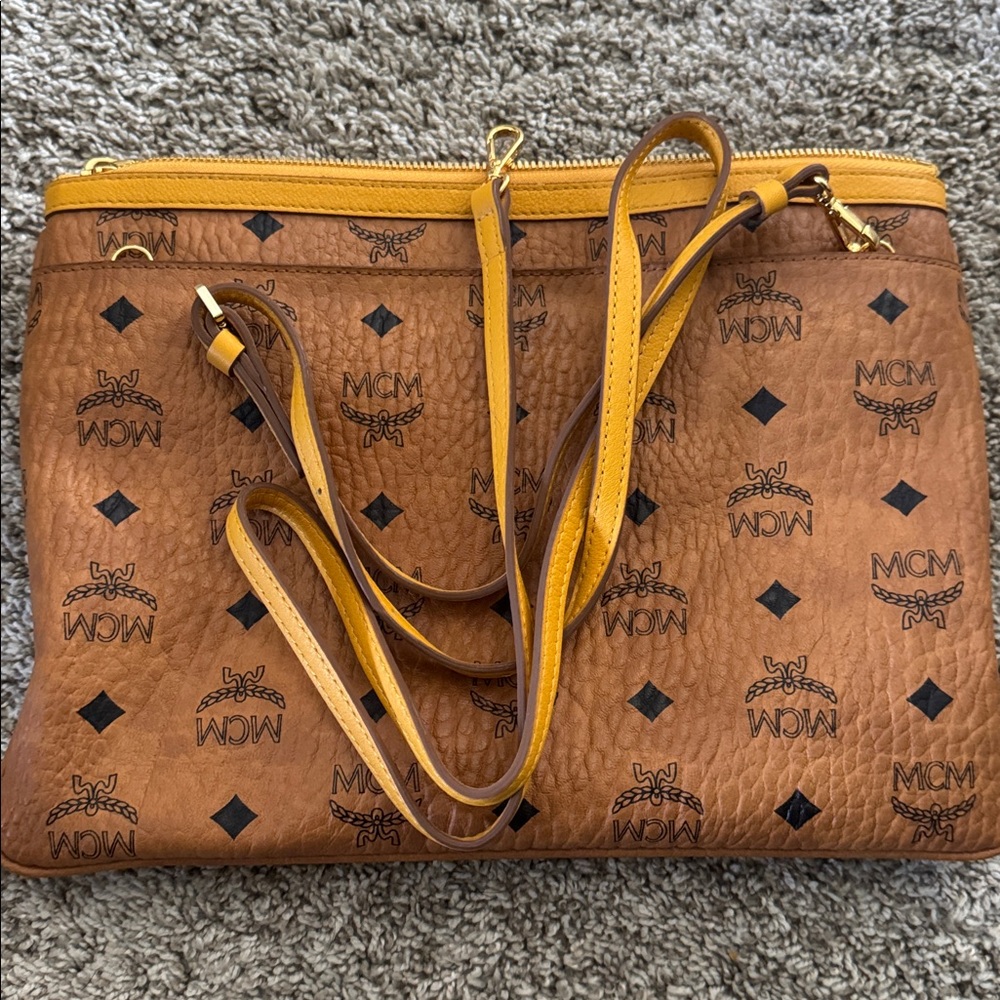 MCM Tan Leather Pouch with Logo Pattern - Picture 3 of 4